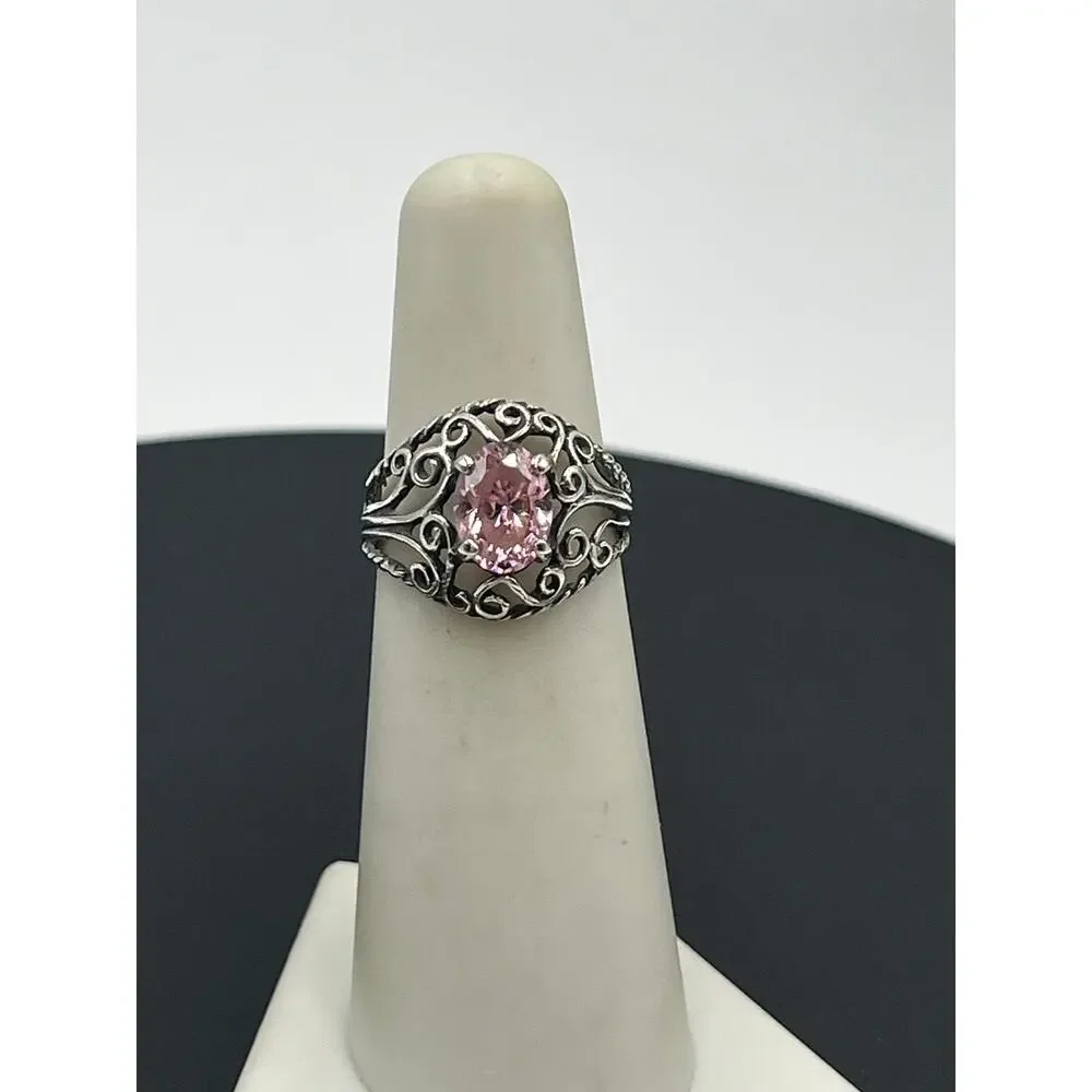 Sterling Silver Vintage Filigree Simulated Pink Sapphire‎ Solitaire Ring 5.25